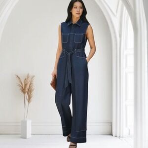 AG Adriano Goldschmied Ivanna Overlay Wide Leg Belted Blue Jumpsuit Sz Small NWT